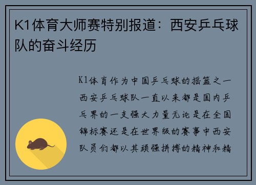 K1体育大师赛特别报道：西安乒乓球队的奋斗经历