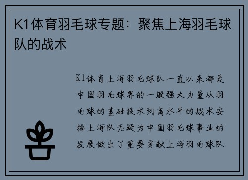 K1体育羽毛球专题：聚焦上海羽毛球队的战术